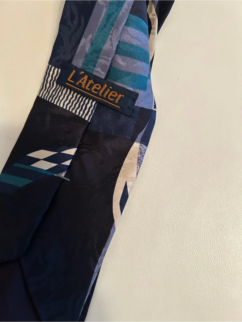 L’Atelier Vintage Geometric Silk Tie Navy Teal Purple 80s 90s